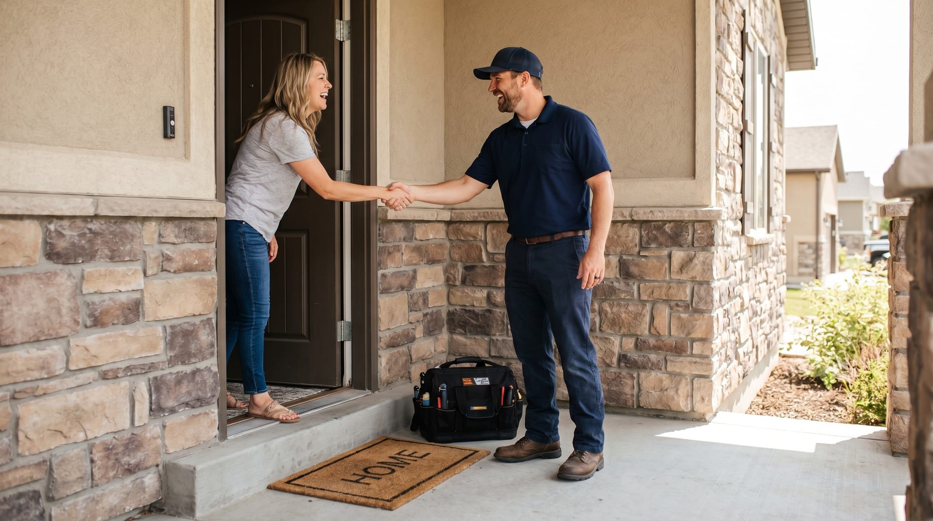 Monarch Air technician greeting a homeowner at the door
