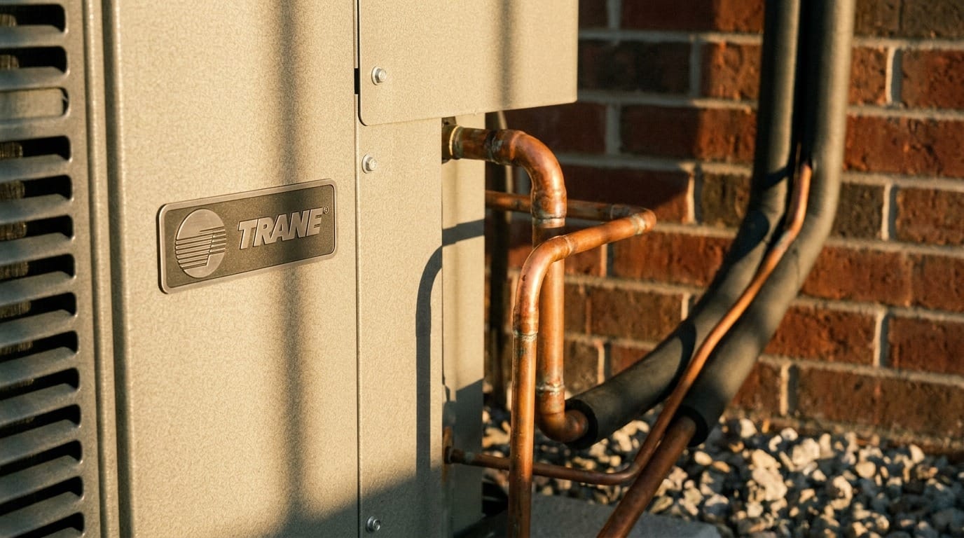 Close-up of a freshly installed condenser badge and copper line set
